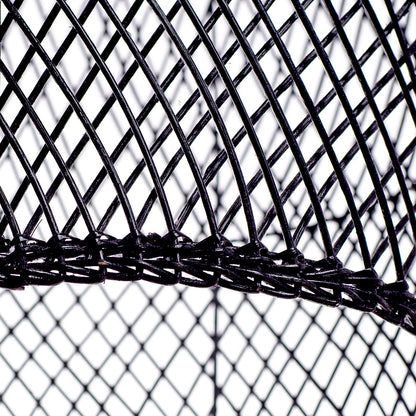 A black, conical pendant lampshade made of woven rattan with a wood tip, designed for hanging.