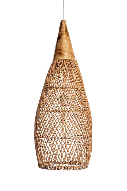 A natural, conical pendant lampshade made of woven rattan with a wood tip, designed for hanging.