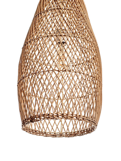 A natural, conical pendant lampshade made of woven rattan with a wood tip, designed for hanging.