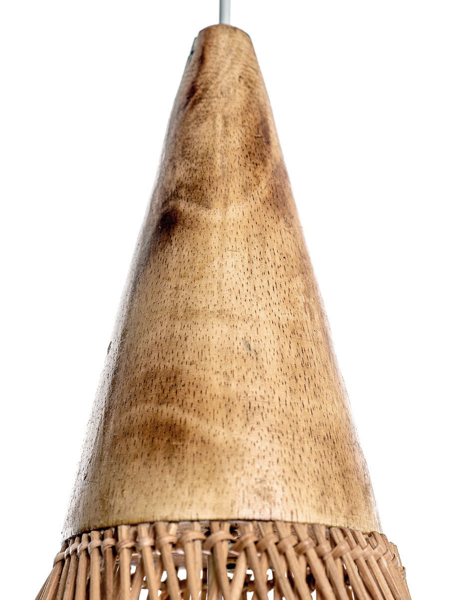 A natural, conical pendant lampshade made of woven rattan with a wood tip, designed for hanging.