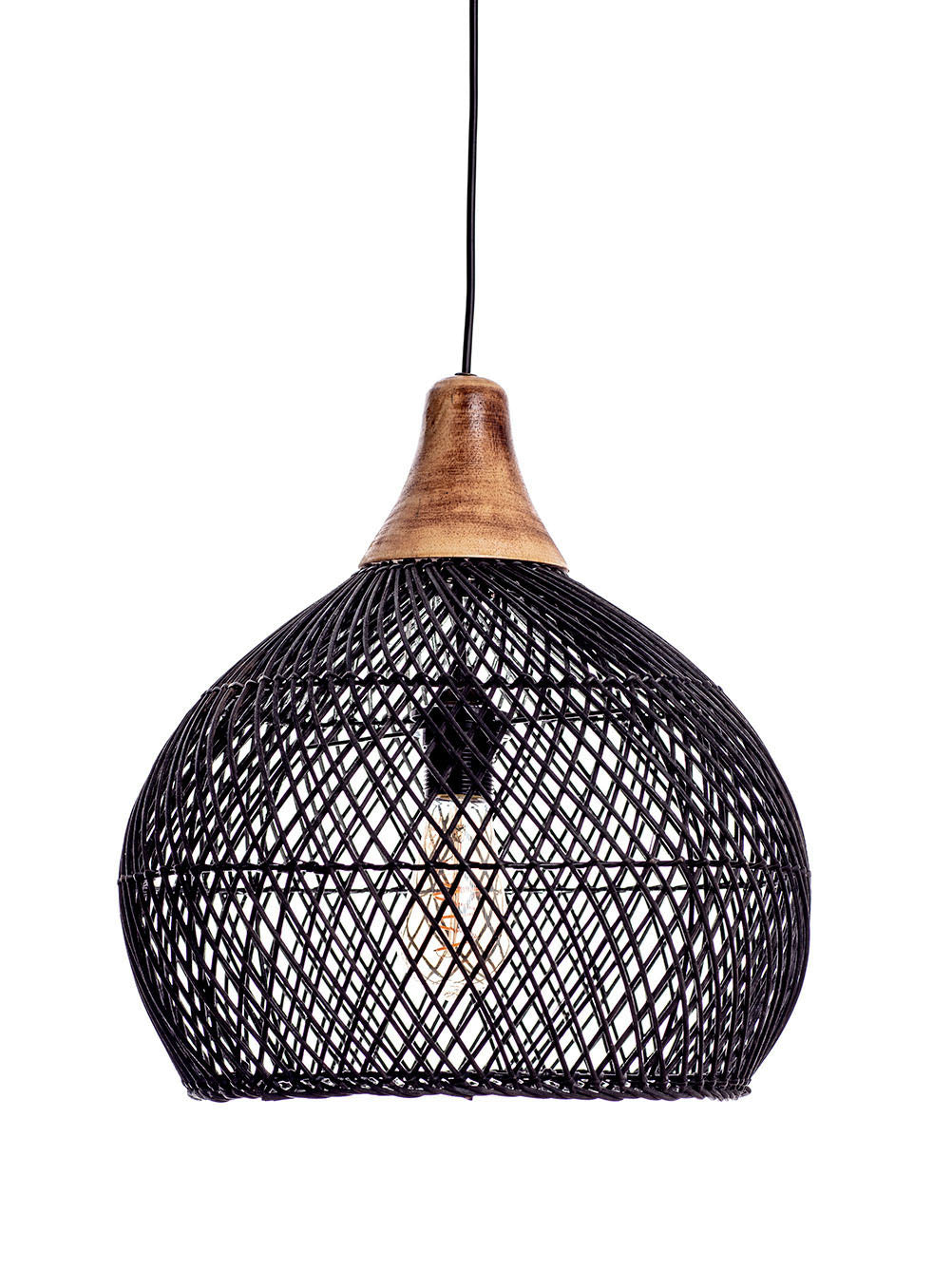A black color rattan pendant lamp with a teardrop shape and a wooden top.