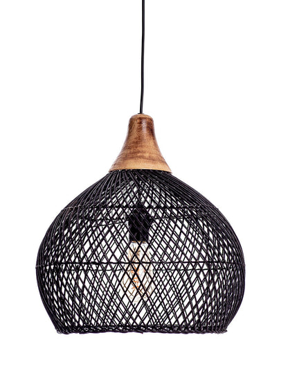 A black color rattan pendant lamp with a teardrop shape and a wooden top.