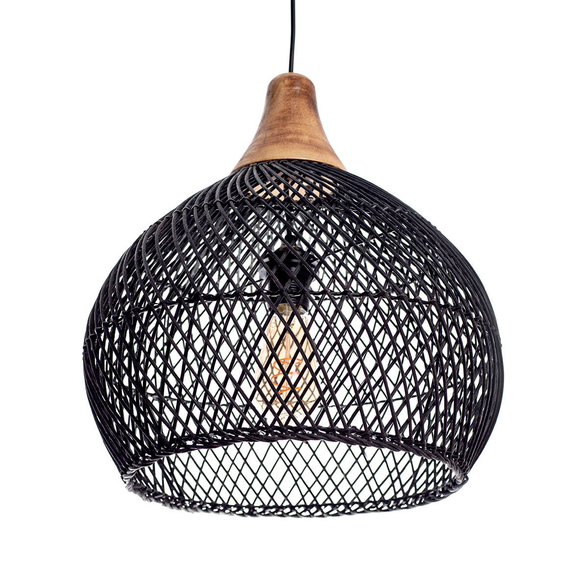 A black color rattan pendant lamp with a teardrop shape and a wooden top.