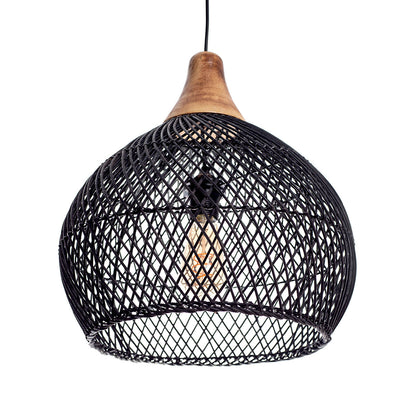 A black color rattan pendant lamp with a teardrop shape and a wooden top.