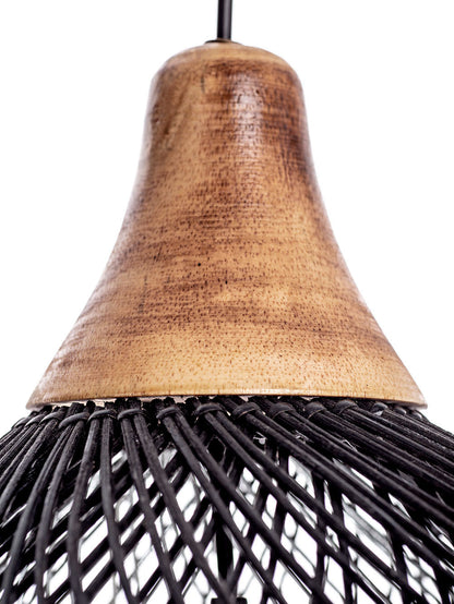 A black color rattan pendant lamp with a teardrop shape and a wooden top.