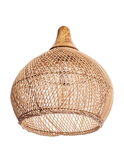 A natural color rattan pendant lamp with a teardrop shape and a wooden top.