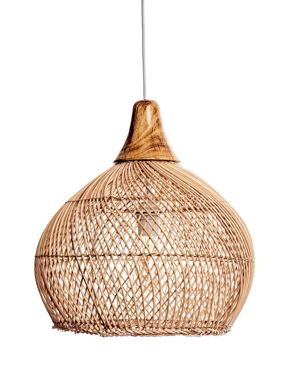 A natural color rattan pendant lamp with a teardrop shape and a wooden top.