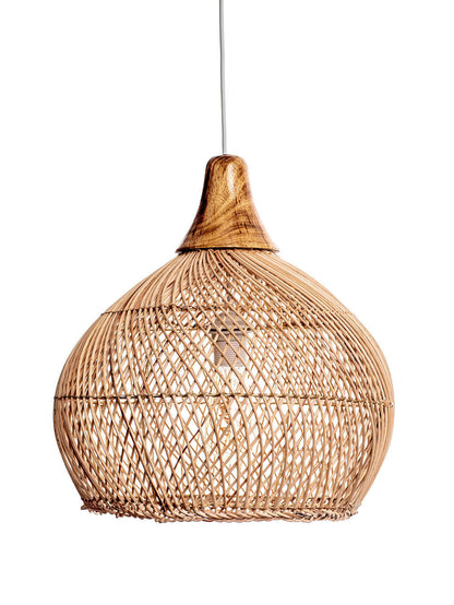 A natural color rattan pendant lamp with a teardrop shape and a wooden top.