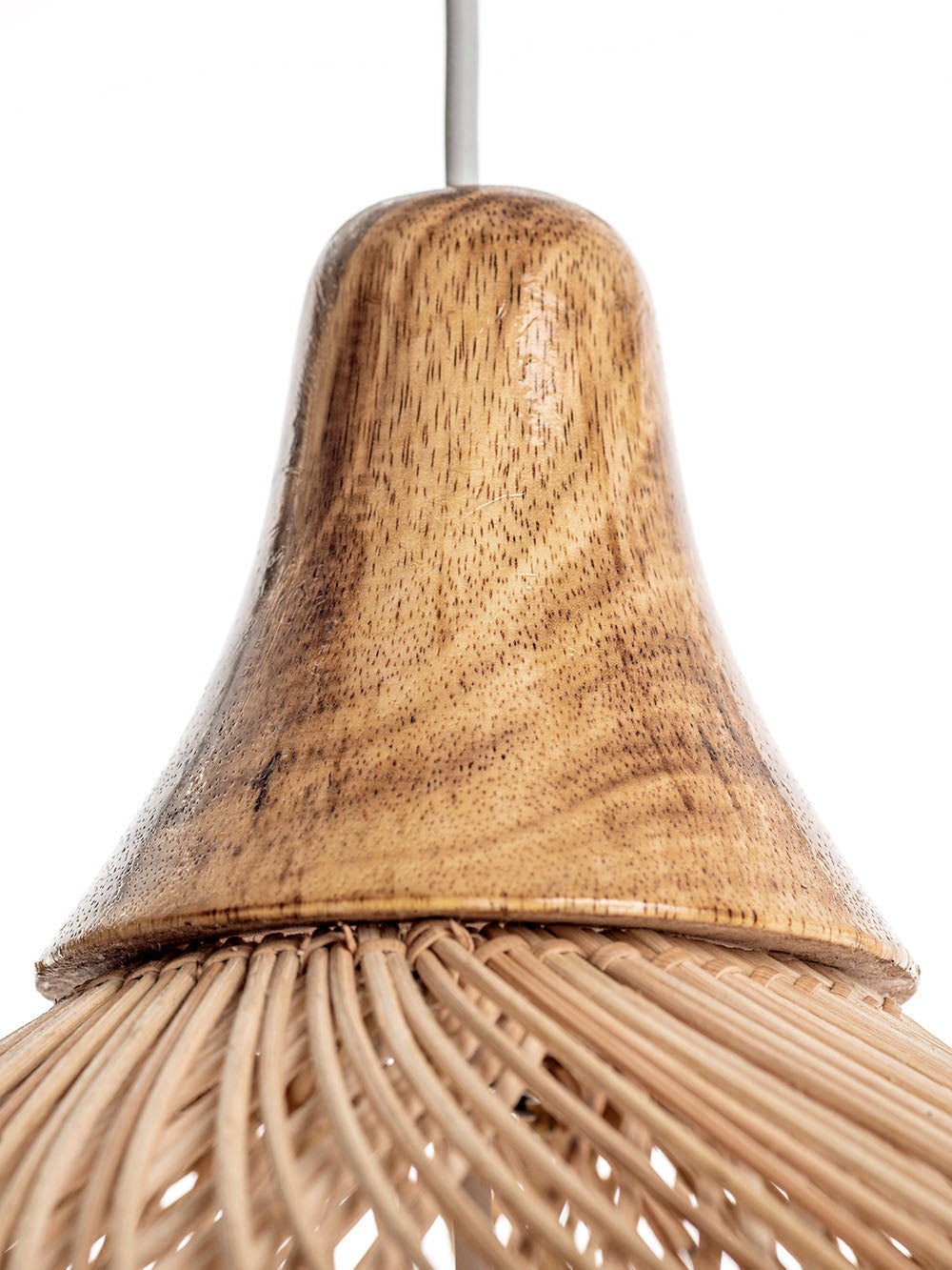 A natural color rattan pendant lamp with a teardrop shape and a wooden top.