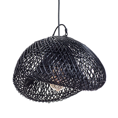 A black pendant lampshade made of rattan, with a rustic design and a visible light bulb at the center.