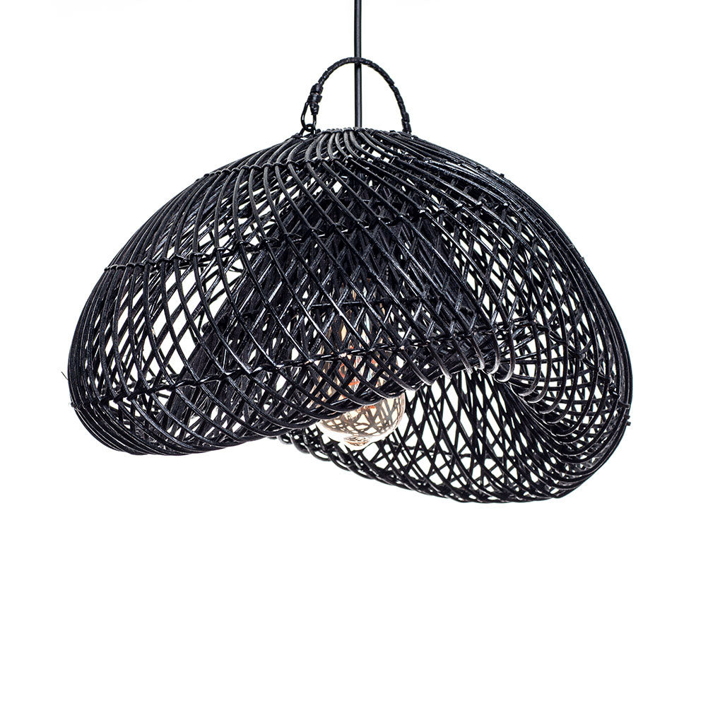A black pendant lampshade made of rattan, with a rustic design and a visible light bulb at the center.