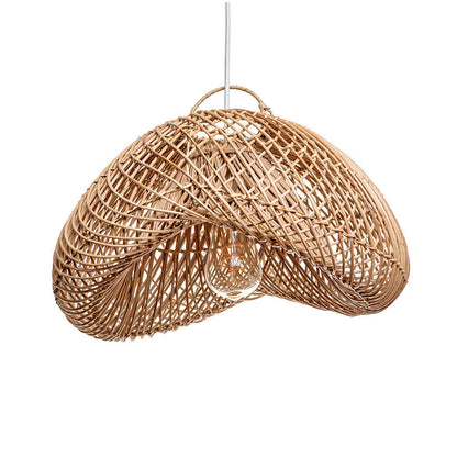 A rustic pendant lampshade made of rattan, in a natural color, with a handmade appearance. It is oval in shape and has visible weaves typical of handcrafted items.