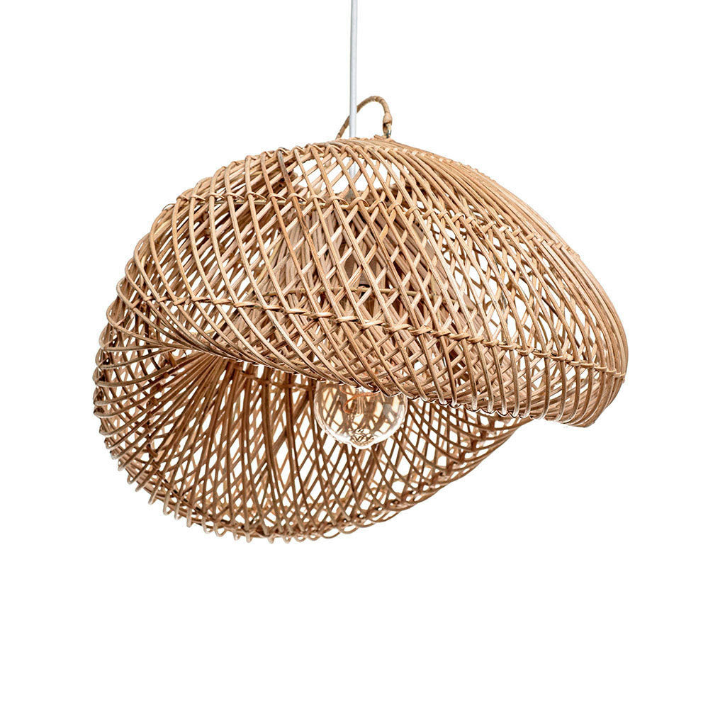A rustic pendant lampshade made of rattan, in a natural color, with a handmade appearance. It is oval in shape and has visible weaves typical of handcrafted items.