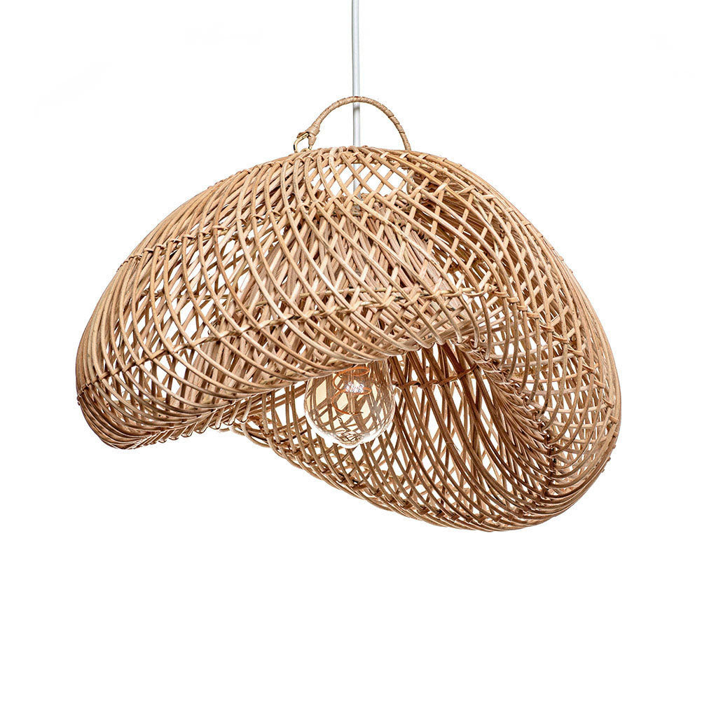 A rustic pendant lampshade made of rattan, in a natural color, with a handmade appearance. It is oval in shape and has visible weaves typical of handcrafted items.