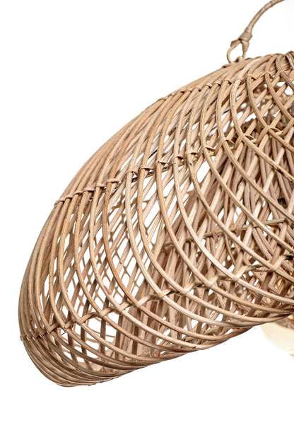 A rustic pendant lampshade made of rattan, in a natural color, with a handmade appearance. It is oval in shape and has visible weaves typical of handcrafted items.