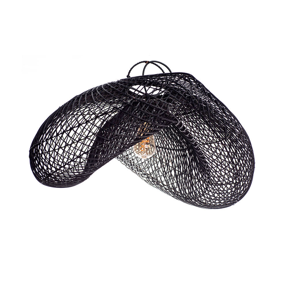 A black pendant lampshade made of rattan, with a rustic design and a visible light bulb at the center.