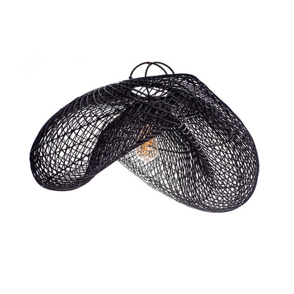 A black pendant lampshade made of rattan, with a rustic design and a visible light bulb at the center.