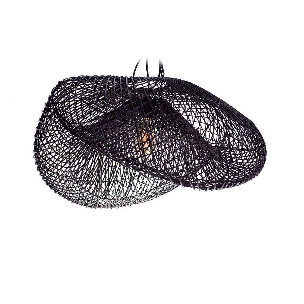 A black pendant lampshade made of rattan, with a rustic design and a visible light bulb at the center.
