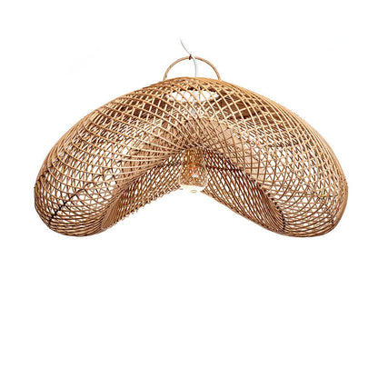 A rustic pendant lampshade made of rattan, in a natural color, with a handmade appearance. It is oval in shape and has visible weaves typical of handcrafted items.