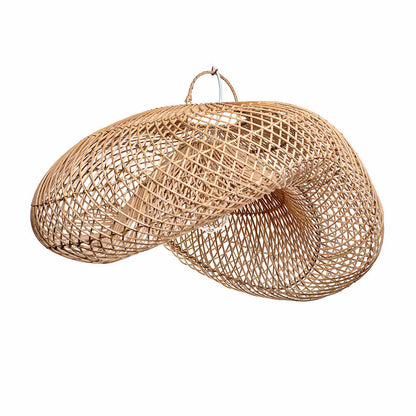 A rustic pendant lampshade made of rattan, in a natural color, with a handmade appearance. It is oval in shape and has visible weaves typical of handcrafted items.