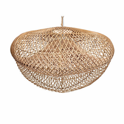 A rustic pendant lampshade made of rattan, in a natural color, with a handmade appearance. It is oval in shape and has visible weaves typical of handcrafted items.