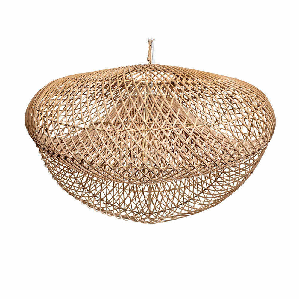 A rustic pendant lampshade made of rattan, in a natural color, with a handmade appearance. It is oval in shape and has visible weaves typical of handcrafted items.