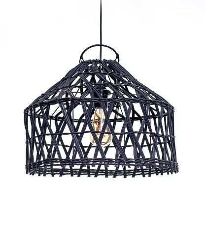 A black pendant lampshade made of rattan, with a rustic design and teak wood accents. A light bulb is visible inside the lampshade.