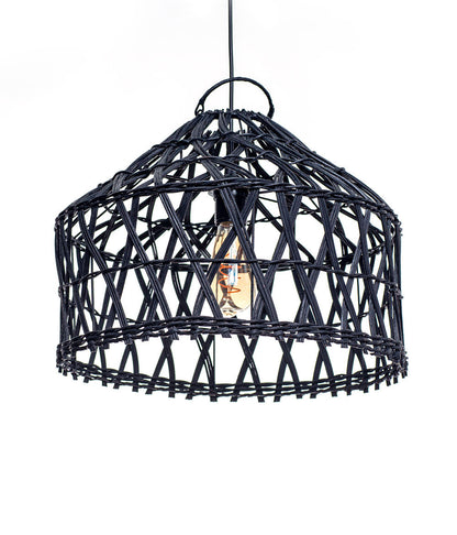 A black pendant lampshade made of rattan, with a rustic design and teak wood accents. A light bulb is visible inside the lampshade.