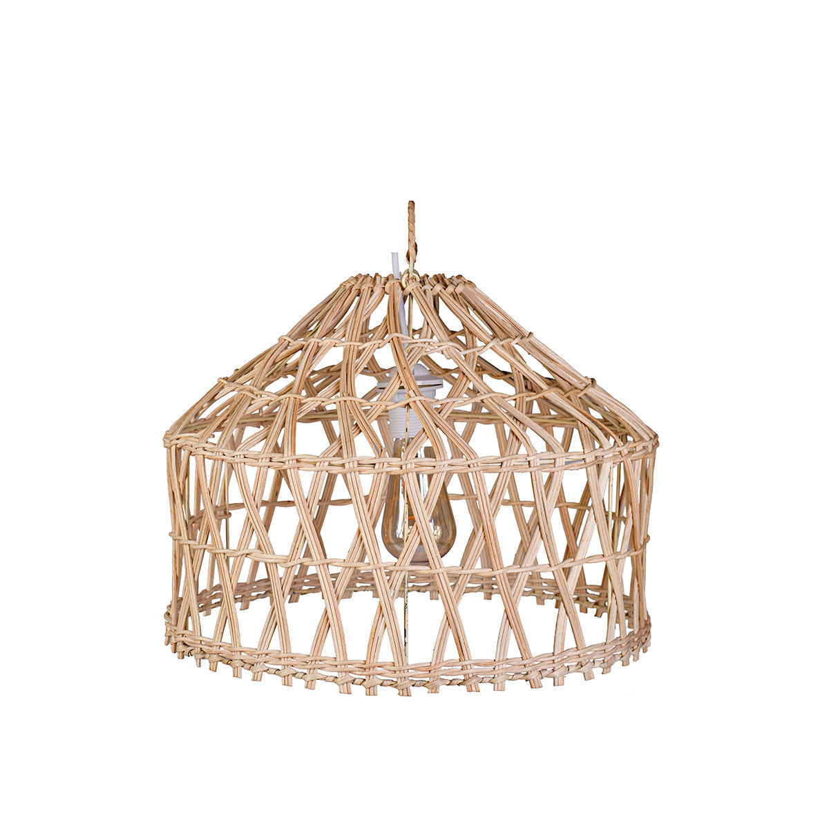 A natural color pendant lampshade made of rattan, with a rustic design and teak wood accents. A light bulb is visible inside the lampshade.