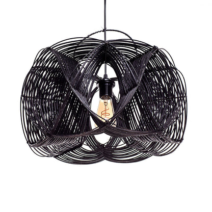 A black rattan ceiling lamp shade with a wave effect design, hand woven and featuring a painted finish.