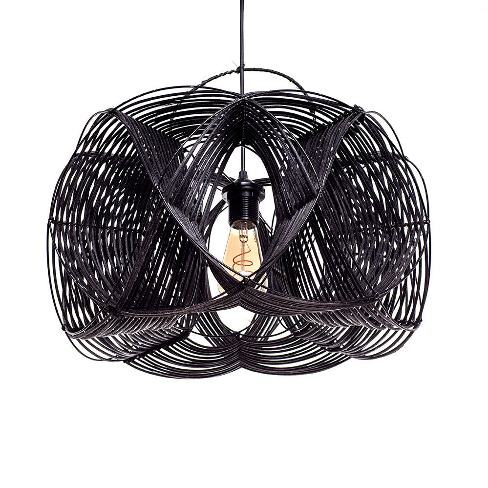 A black rattan ceiling lamp shade with a wave effect design, hand woven and featuring a painted finish.