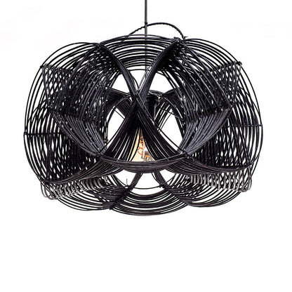 A black rattan ceiling lamp shade with a wave effect design, hand woven and featuring a painted finish.