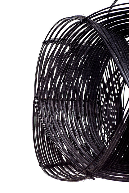 A black rattan ceiling lamp shade with a wave effect design, hand woven and featuring a painted finish.