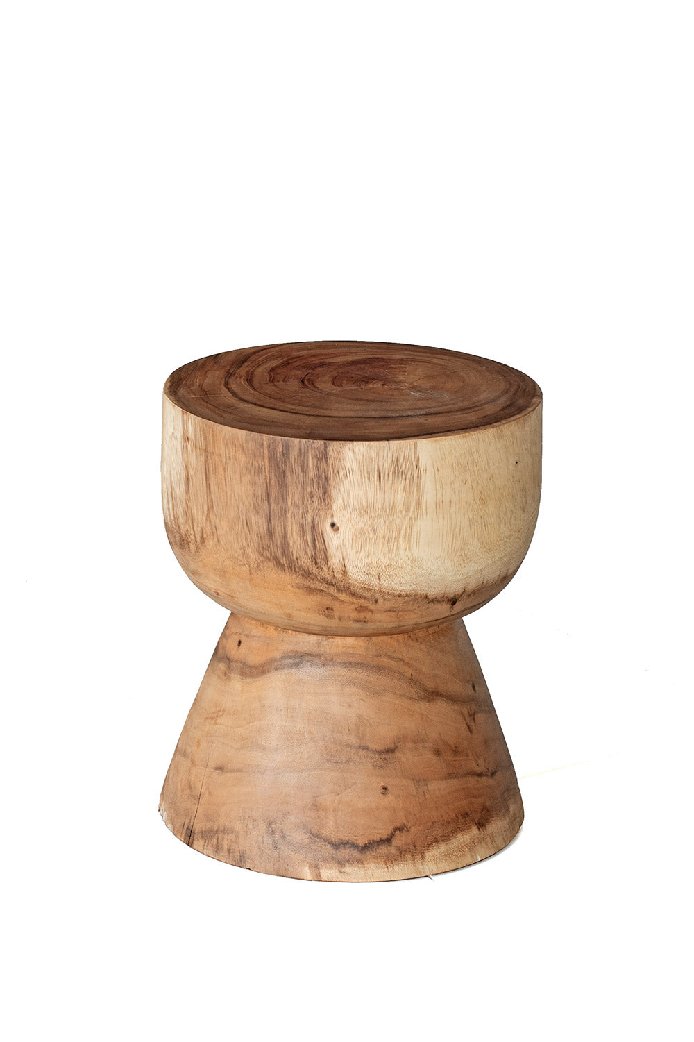 A round wooden stool made from Suar wood timber with a natural finish.