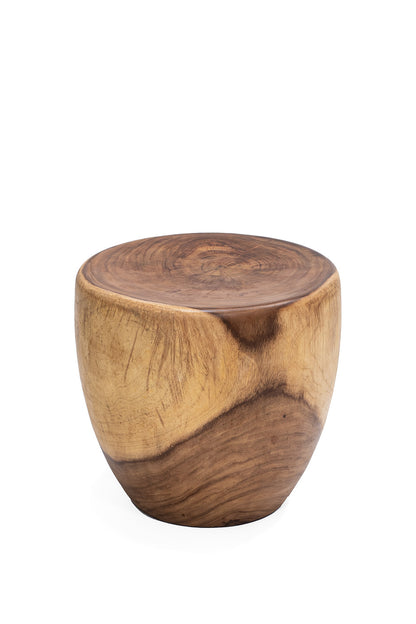 A round wooden stool made from Suar wood timber with a natural finish.