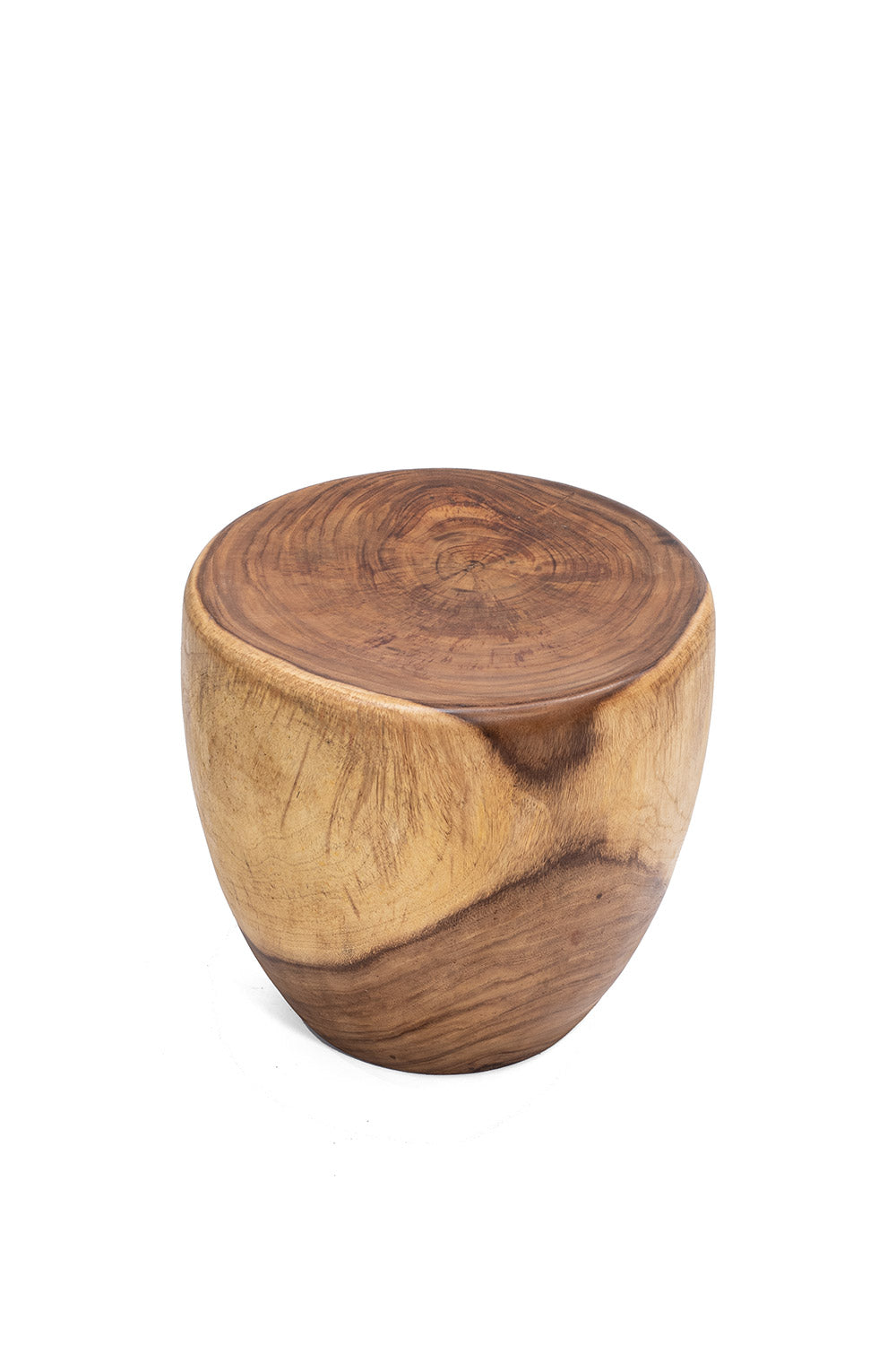 A round wooden stool made from Suar wood timber with a natural finish.