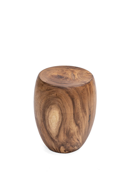 A round wooden stool made from Suar wood timber with a natural finish.