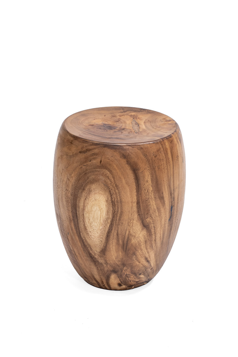 A cylindrical wooden stool made from solid Suar timber with a natural sanded finish.