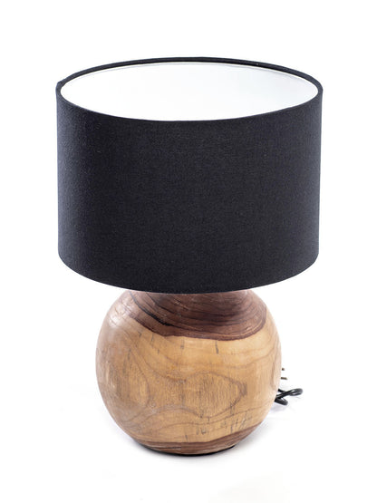 A table lamp with a spherical wooden base and a black linen shade, with natural and black colors. 