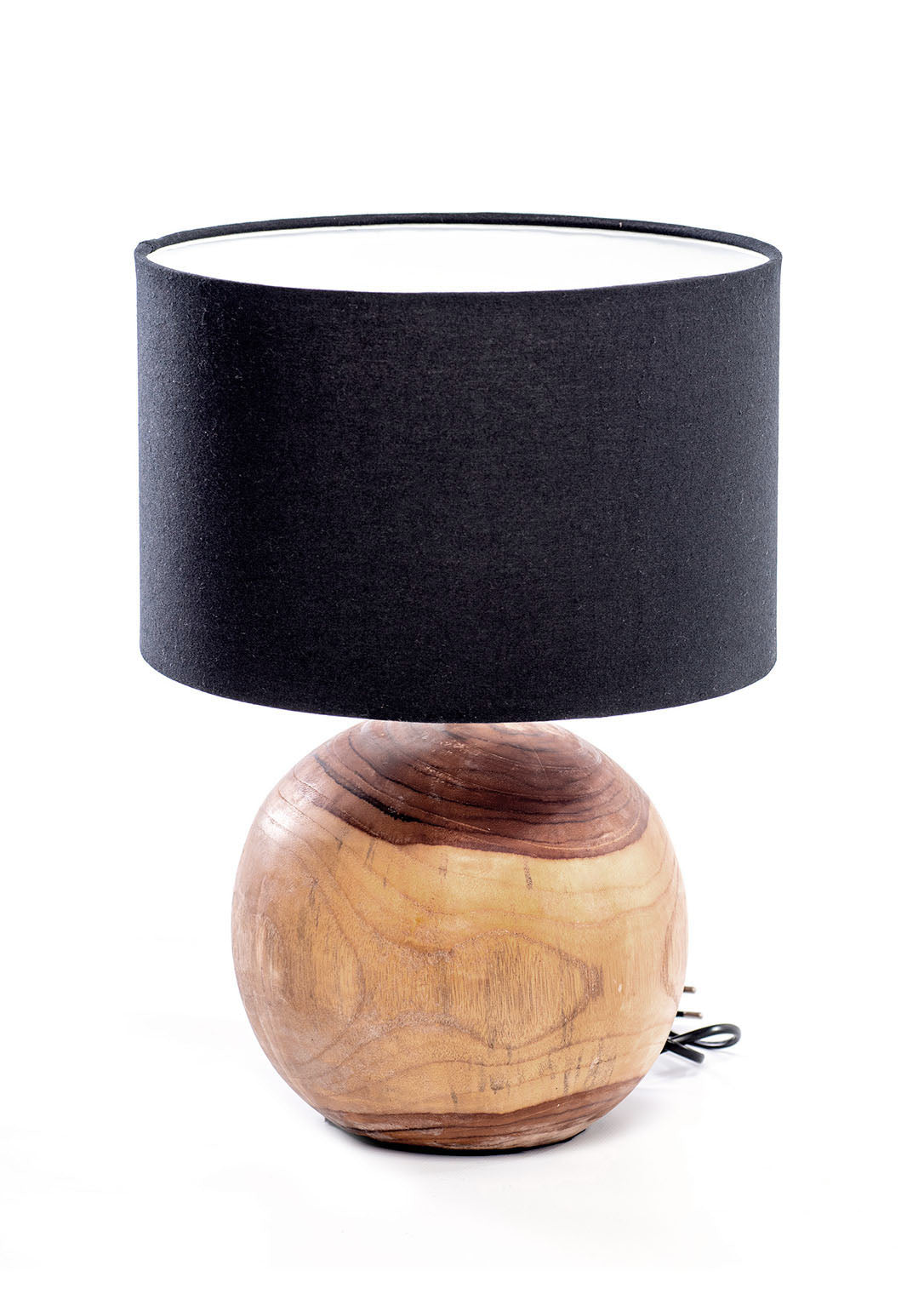 A table lamp with a spherical wooden base and a black linen shade, with natural and black colors. 