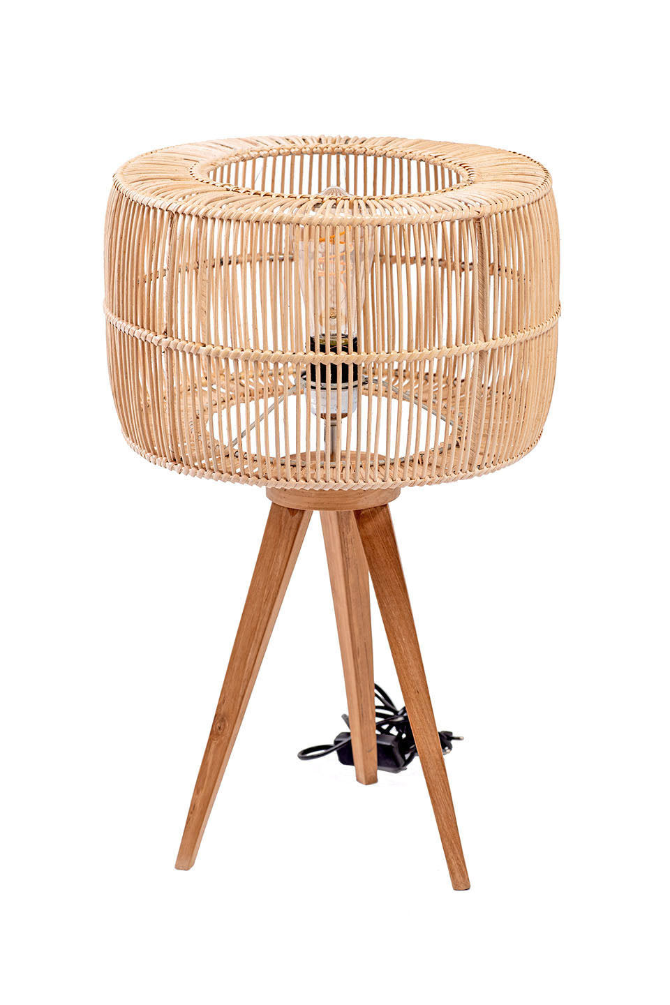 A three-legged table lamp with a teak wood base and a rattan shade, in natural color. The lamp is switched off and placed against a white background.