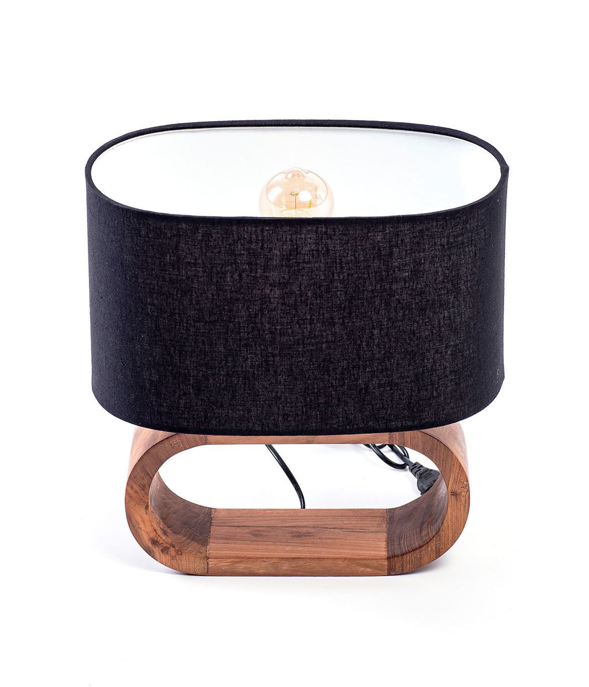 A table lamp with a natural linen textile shade and a wooden base on a white background.