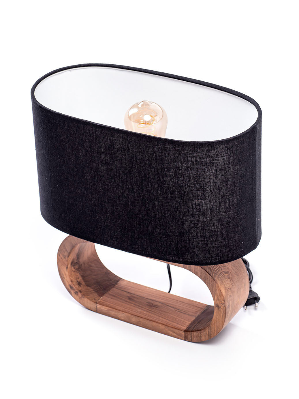 A table lamp with a natural linen textile shade and a wooden base on a white background.