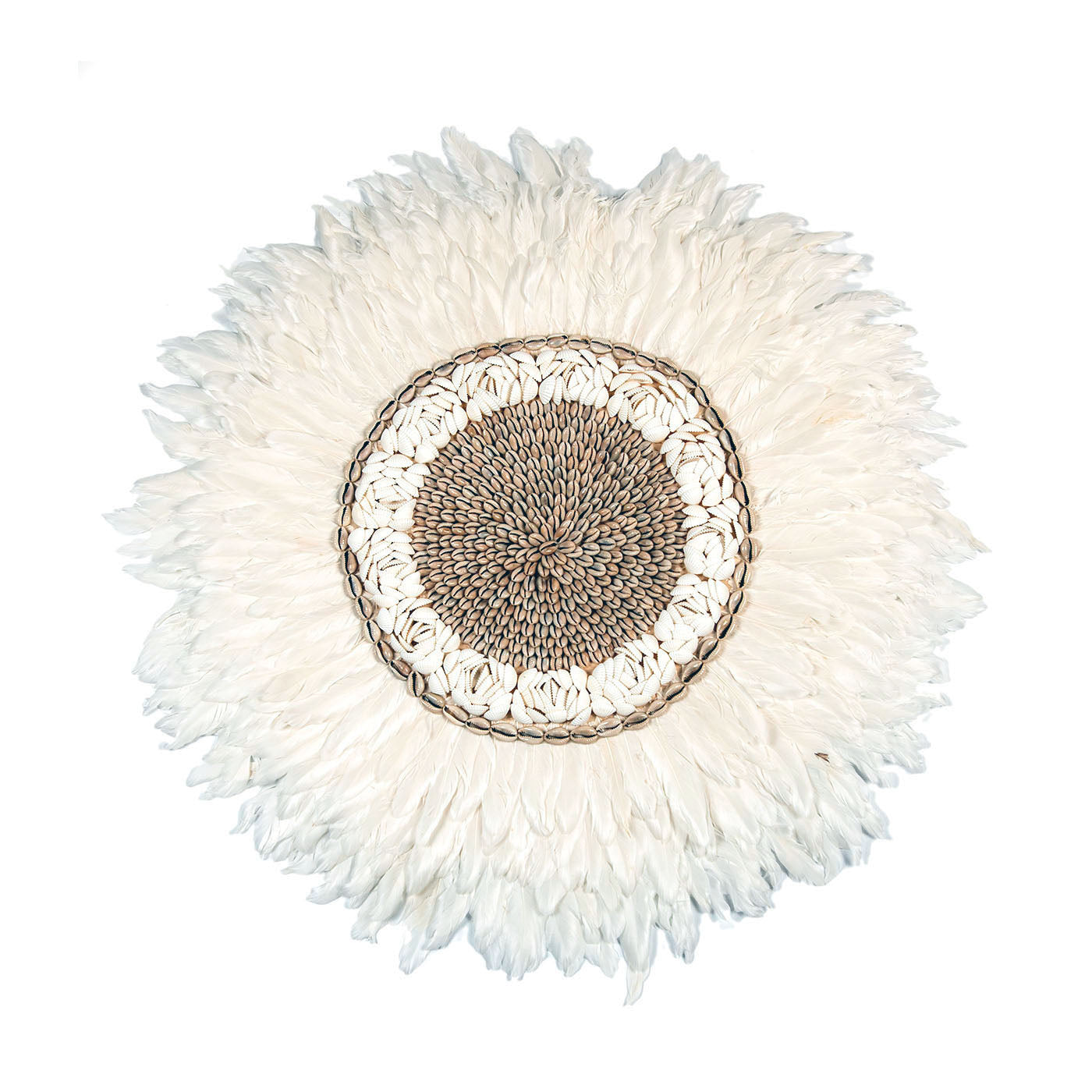 A round wall decoration made of natural shells and feathers, primarily white in color, handcrafted and intended for home décor.