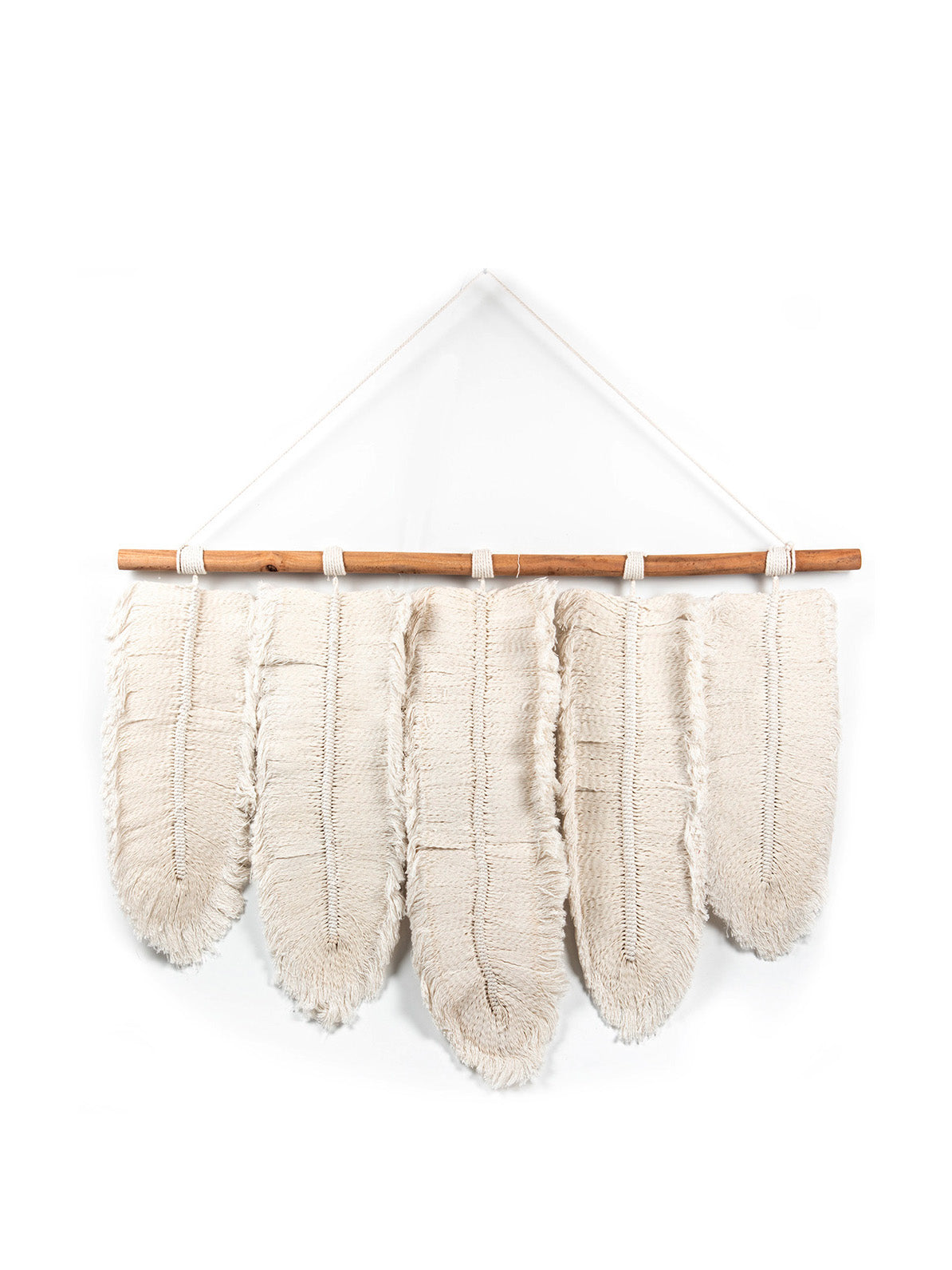 A wall hanging decor featuring five macrame leaves in a boho style, arranged horizontally on a teak pole.