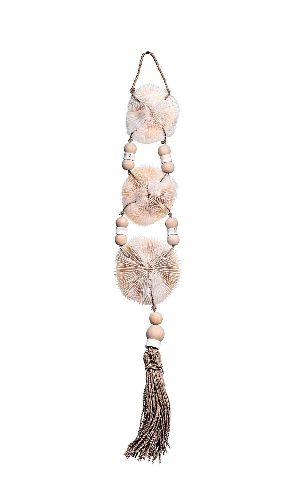 A polyresin coral wall hanging with natural and white colors, featuring a tassel, on a white background.