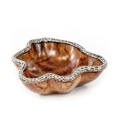 A wood bowl with polished metal inlaid on the edge, displayed against a white background.