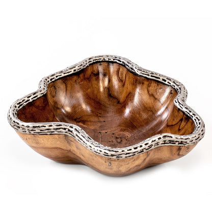 A wood bowl with polished metal inlaid on the edge, displayed against a white background.