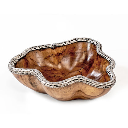 A wood bowl with polished metal inlaid on the edge, displayed against a white background.