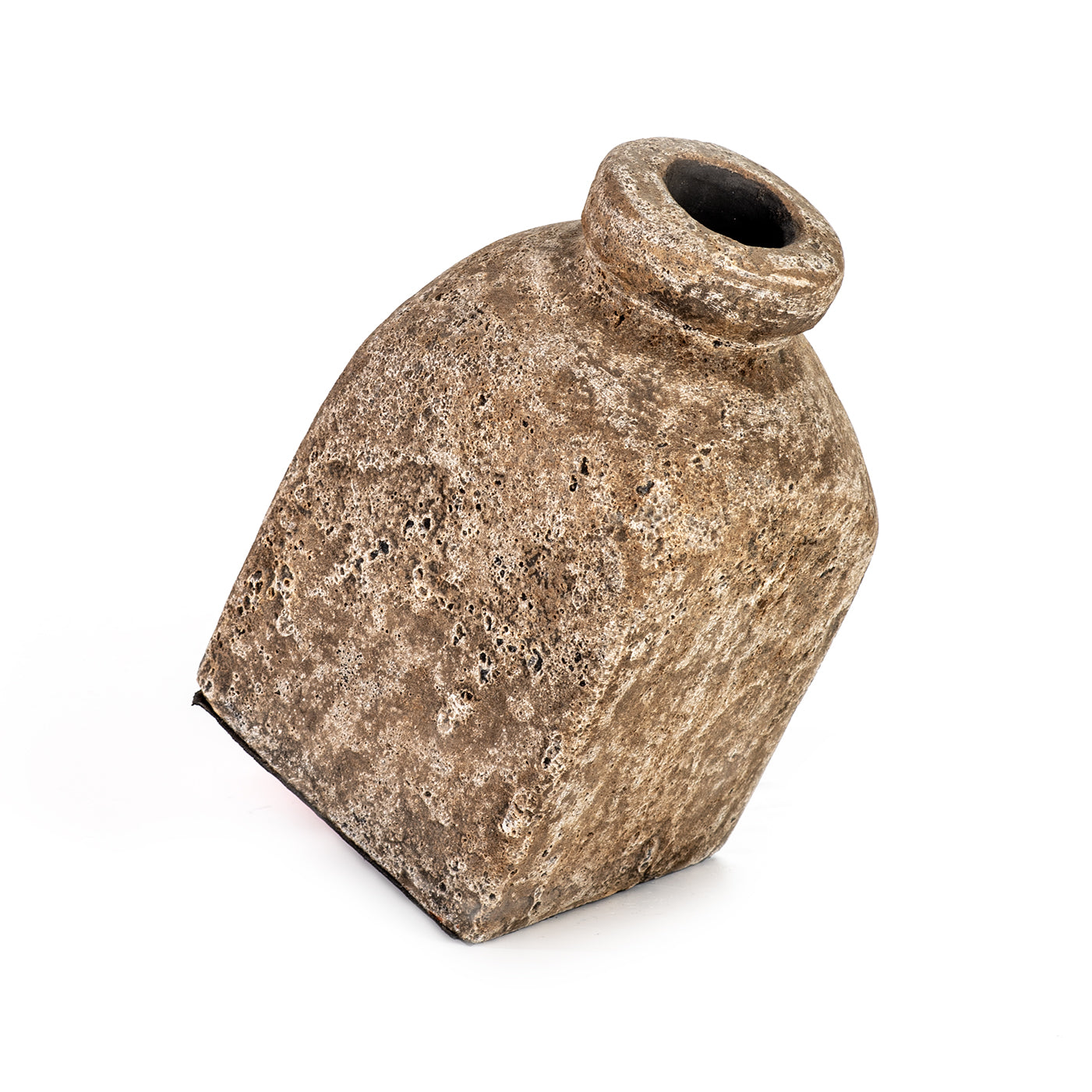 A conical ceramic vase with a textured antique finish in a tilt view. 